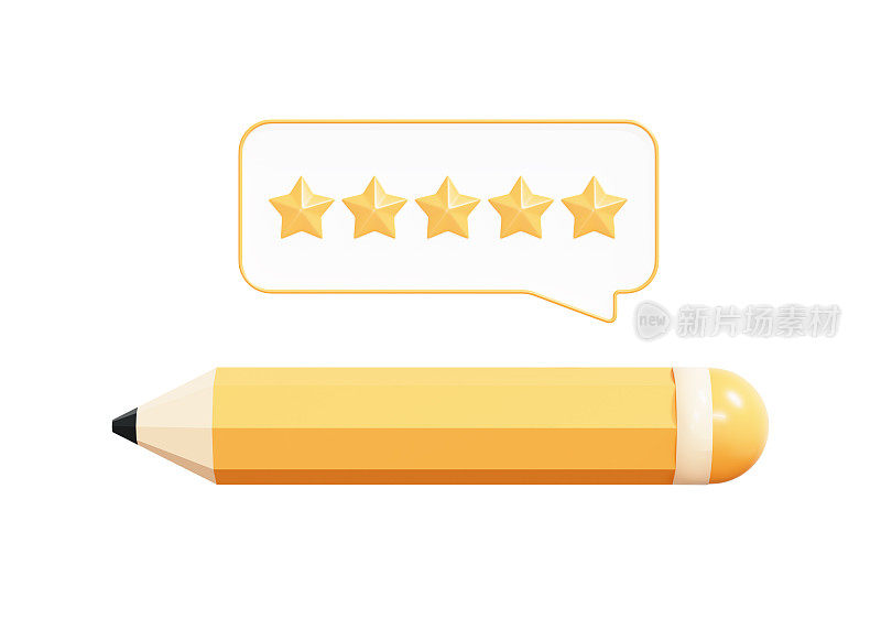 3D Pencil with five star rating. Write feedback. Survey form with customer review. Score ranking. User experience evaluation. Cartoon creative design icon isolated on white background. 3D Rendering